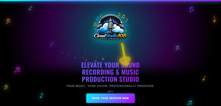 CloudStudio108 homepage: neon logo above the headline Elevate Your Sound, Recording and Music Production Studio