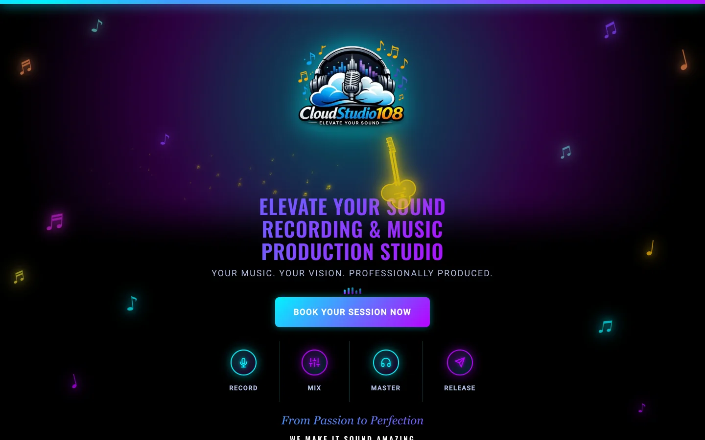 CloudStudio108 homepage: neon logo on a dark purple backdrop, headline Elevate Your Sound, and Record, Mix, Master, Release icons