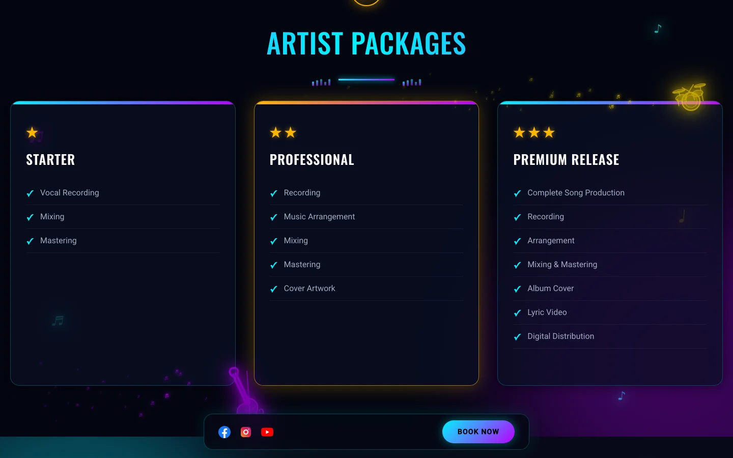 Artist Packages section with three neon-bordered pricing tiers: Starter, Professional, and Premium Release